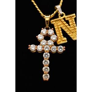 Gold Gods Pendant Necklace Ankh Initial N Rhinestone Crystal Gold Tone Signed 9J